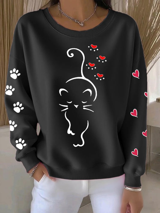 Women's Retro Animal Cat Paw Print Round Neck Sweatshirt