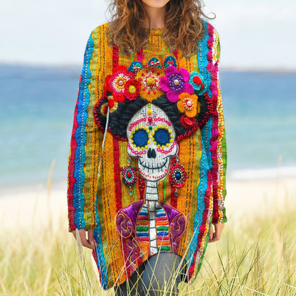 Vintage Mexican Sugar Skeleton Catrina Day Of The Dead Inspired Pattern Long-Sleeve Wool Midi Dress