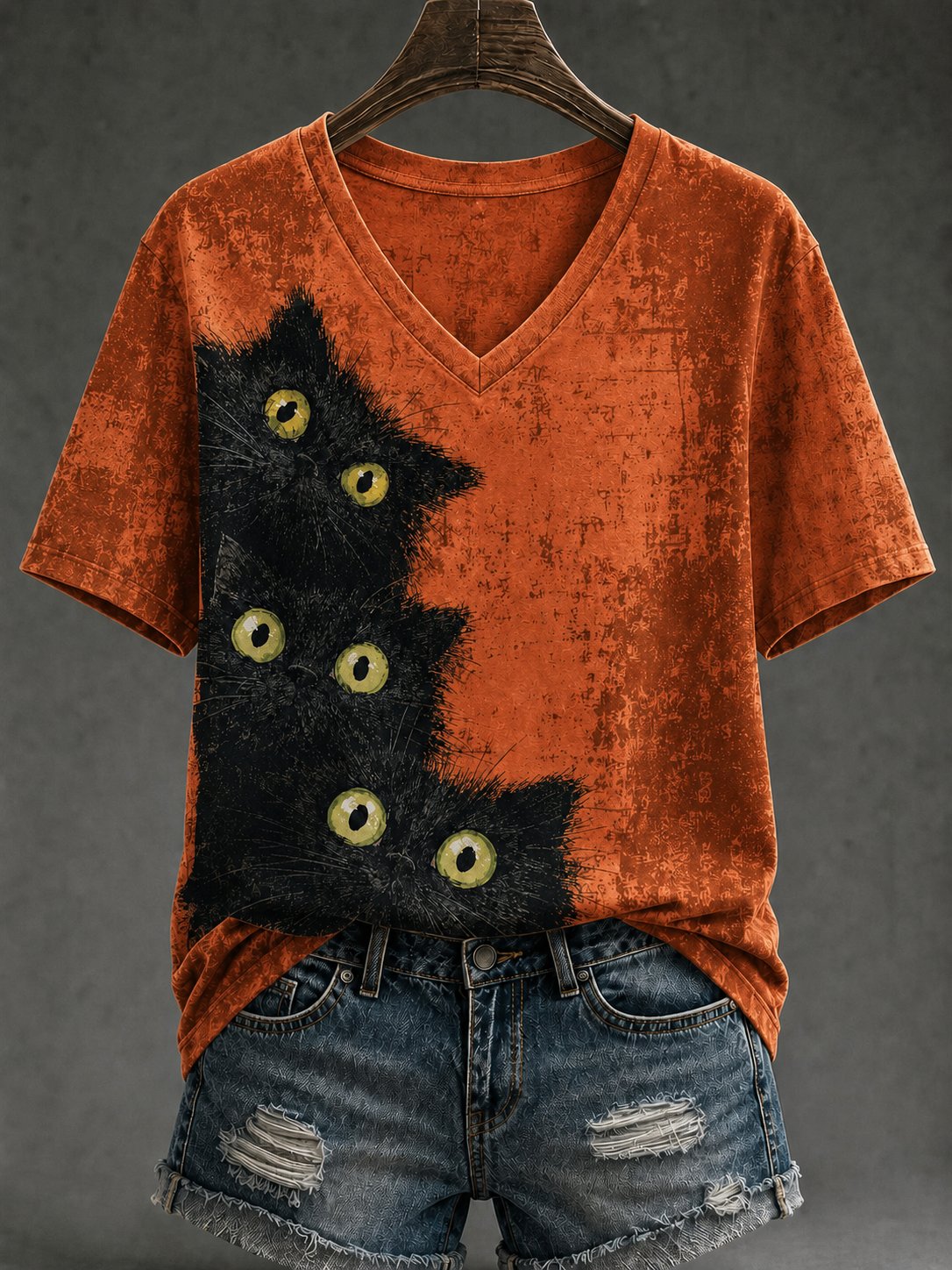 Women's Retro Black Cat Print V-Neck Top