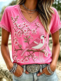 Women's Casual Breast Cancer Flowers and Birds Print Short-Sleeve T-Shirt
