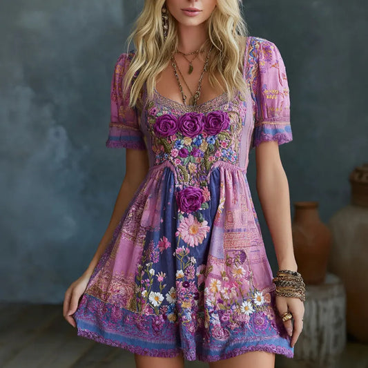 Women's Retro Floral Art Embroidery Cotton Linen Round Neck Dress