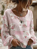 Women's Breast Cancer Awareness Pink Patchwork Floral Print Long-Sleeve Top