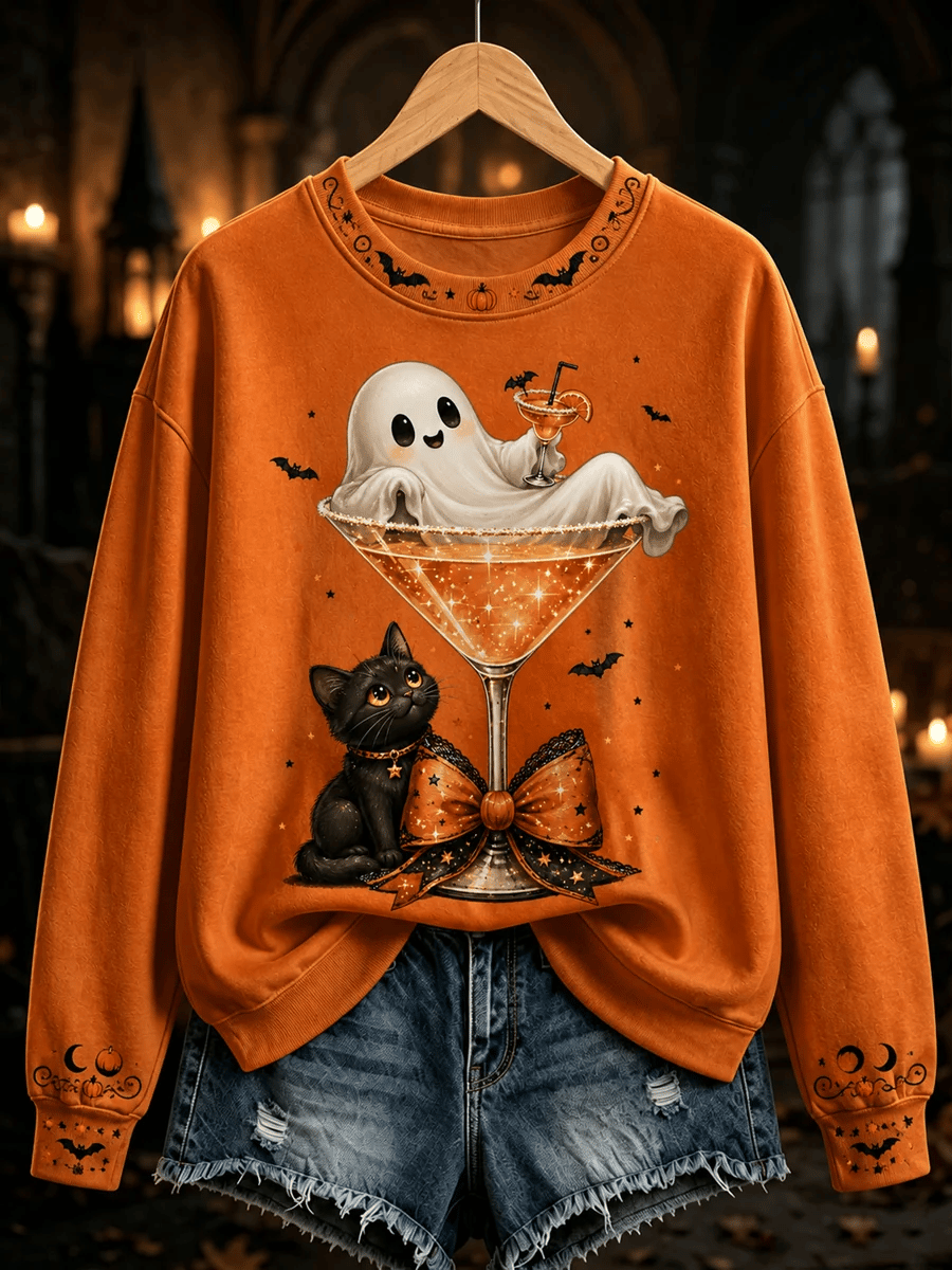 Women's A ghost sits on the wine glass Printed Regular Sweatshirt