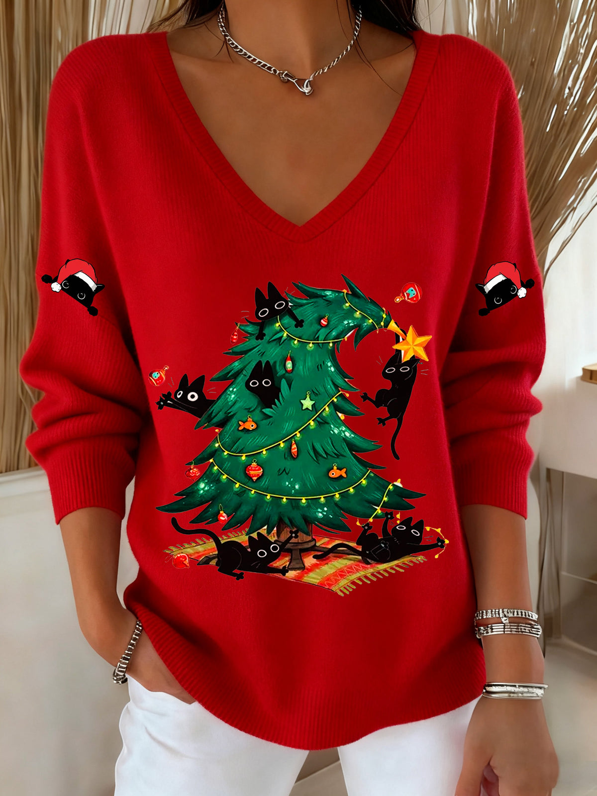 Women's Cute Christmas Tree and Black Cat Print Casual Holiday Top