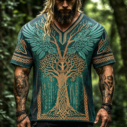 Men's 3d Embroidery Tree Of Life Viking Short Sleeve T-shirt, Vintage Celtic Knot Wing Rune Print V Neck Loose Casual Shirt, Norse Mythology Boho Summer Tee