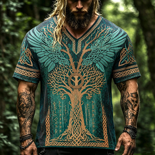 Men's 3d Embroidery Tree Of Life Viking Short Sleeve T-shirt, Vintage Celtic Knot Wing Rune Print V Neck Loose Casual Shirt, Norse Mythology Boho Summer Tee