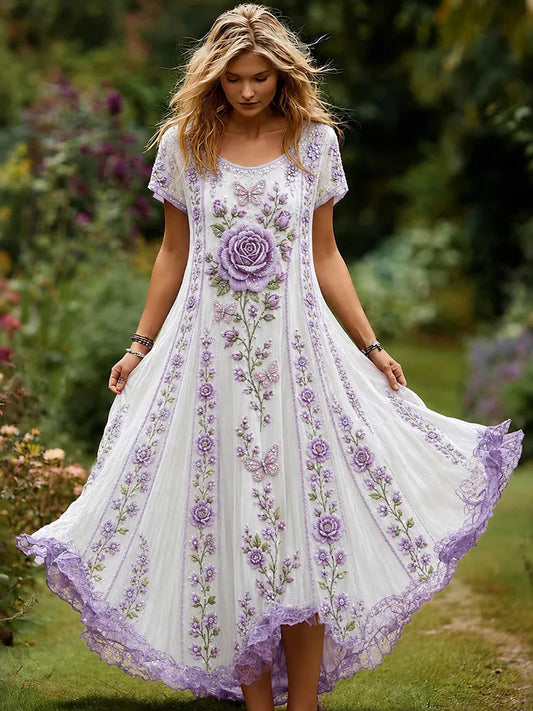 Women's Floral And Butterfly Embroidery Art Flowy Short Sleeve Maxi Dress