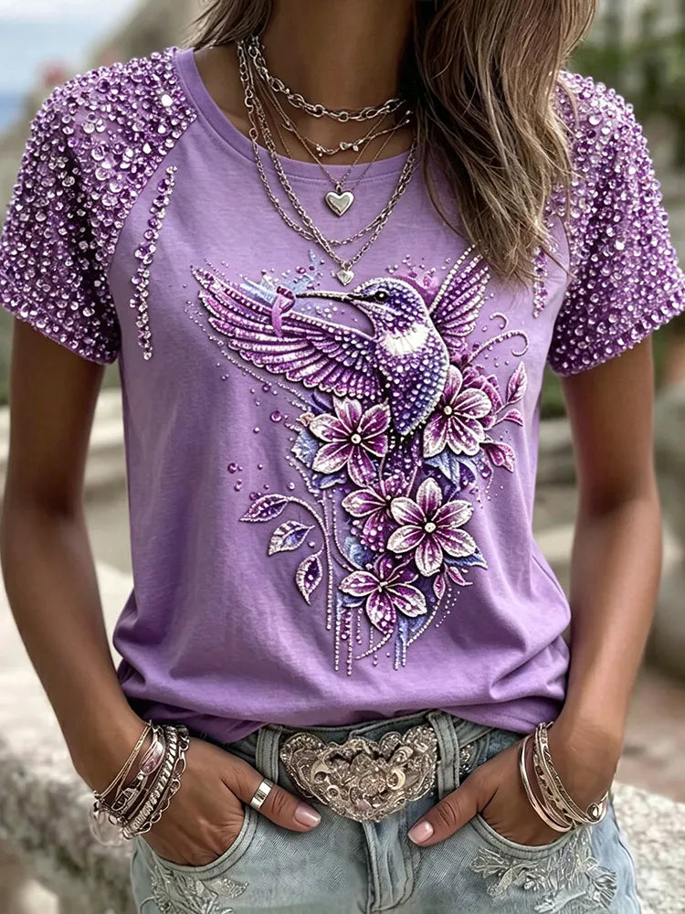 Women's Vintage Floral And Bird Embroidery Art Round Neck Short Sleeve T-shirt