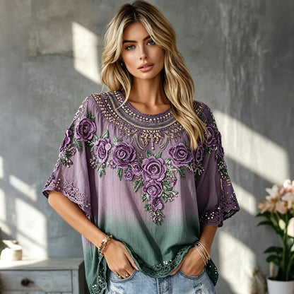 Vintage Classy Purple Floral Art Flowy Linen Blend Three Quarter Sleeves T-shirt