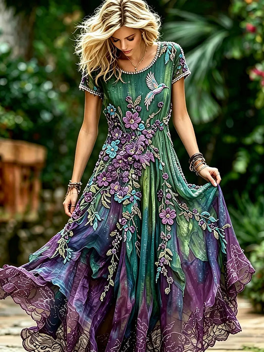 Women's Vintage Classy Purple Floral & Hummingbird Print Alzheimer's Awareness Casual Round Neck Dress