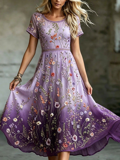 Women's Retro Wildflowers Pattern Gradient Art Flowy Crew Neck Maxi Dress