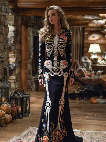 Vintage Mexican Day Of The Dead Skeleton Bones Embroidery Flowers Cozy Velvet Maxi Dress