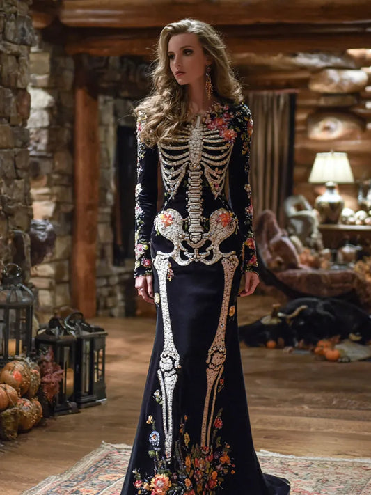 Vintage Mexican Day Of The Dead Skeleton Bones Embroidery Flowers Cozy Velvet Maxi Dress