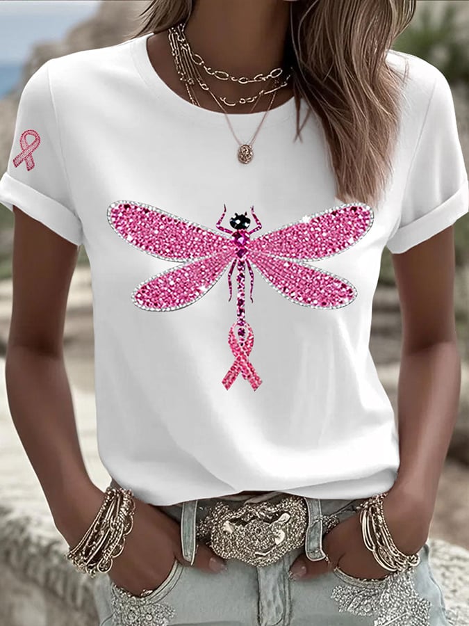 Women's Pink Dragonfly Print Round Neck T-Shirt