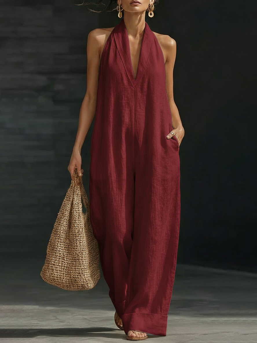 🌿 Linen Cotton Halter Jumpsuit