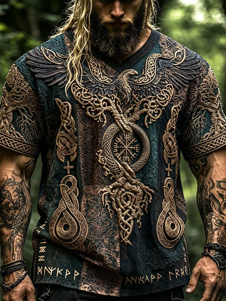 Men's Dark Teal Viking Raven Eagle 3d Embroidery T-shirt, Norse Compass Vegvisir Serpent Celtic Knot Patchwork V Neck Short Sleeve Casual Tee