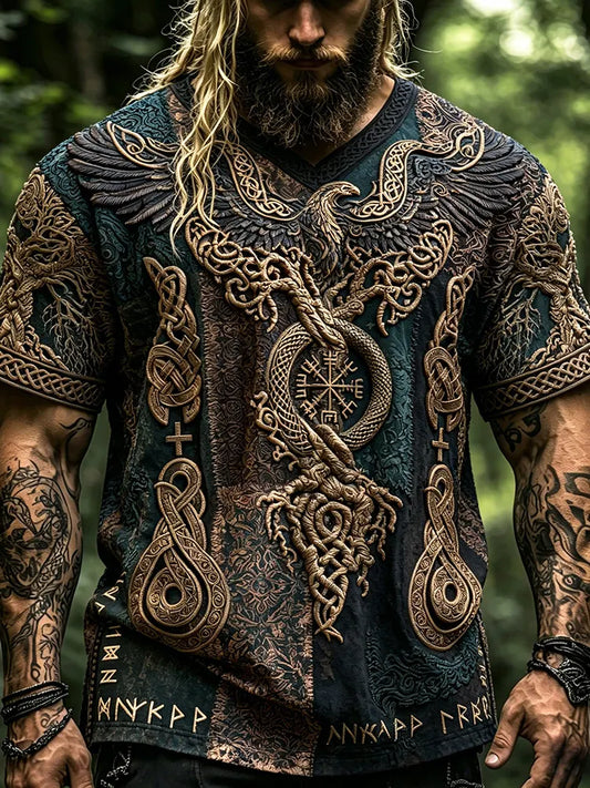 Men's Dark Teal Viking Raven Eagle 3d Embroidery T-shirt, Norse Compass Vegvisir Serpent Celtic Knot Patchwork V Neck Short Sleeve Casual Tee