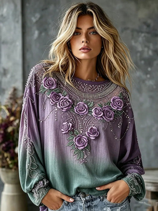 Women's Vintage Floral Art Flowy Cotton Linen Long-sleeved Top
