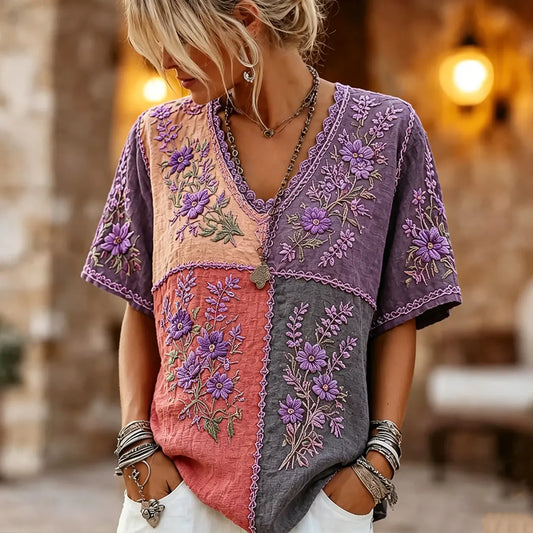 Women's Retro Purple Floral Patchwork Pattern Casual T-shirt