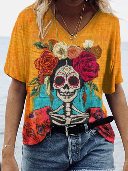 Mexican Day Of The Dead Sugar Catrina Inspired Art Painting V-Neck T-Shirt