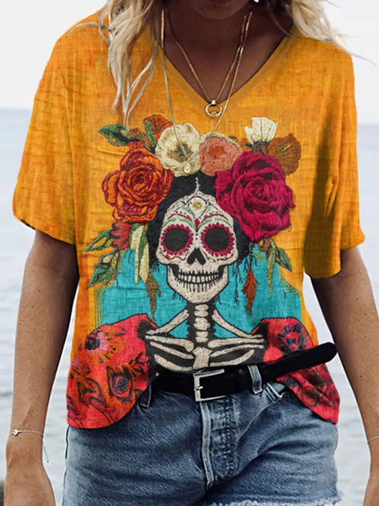 Mexican Day Of The Dead Sugar Catrina Inspired Art Painting V-Neck T-Shirt