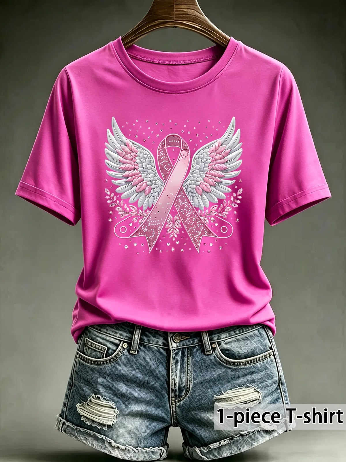 Women'S Breast Cancer Awareness Heart Ribbon Round Neck 100% Cotton T-Shirt
