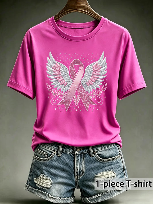 Women'S Breast Cancer Awareness Heart Ribbon Round Neck 100% Cotton T-Shirt