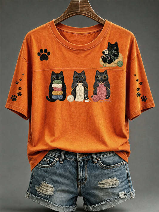 Women's knitted kitten print crew neck sweater top