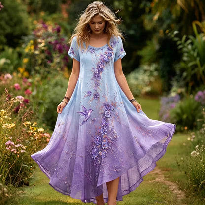 Women's Purple Floral & Hummingbird Print Alzheimer's Awareness Casual Dress
