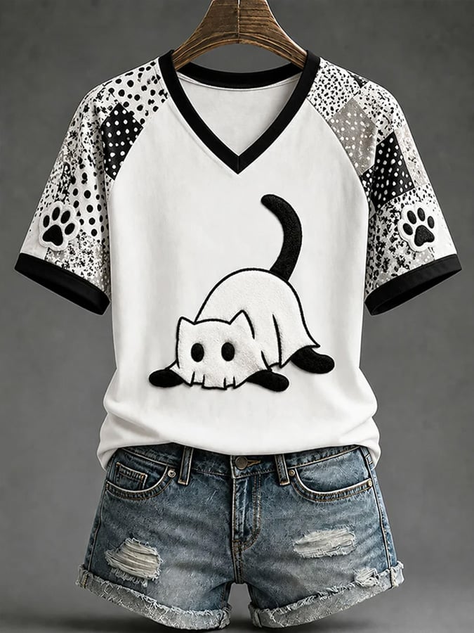 Women's Fun Black Cat Casual Print T-shirt