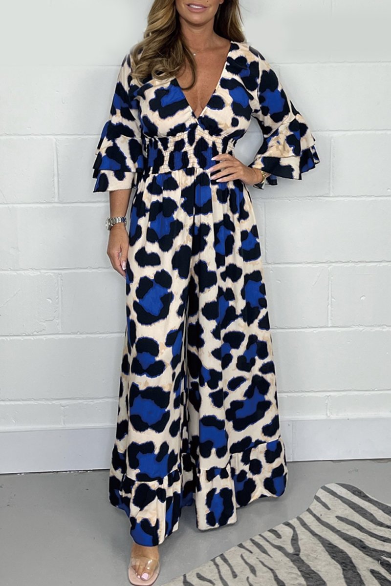 Hot Sale🔥 Women's Leopard Print Elastic Waist Casual Wide Leg Jumpsuit