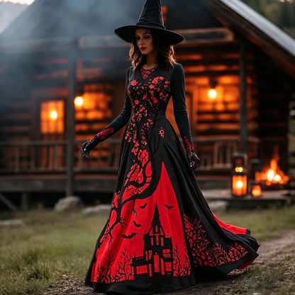 Women's Halloween Gradient Treehouse Design Witch V-neck Maxi Dress