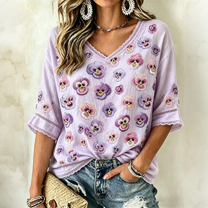 Women's Retro Pansies Embroidery Art V-neck Cotton Linen Short-sleeved T-shirt