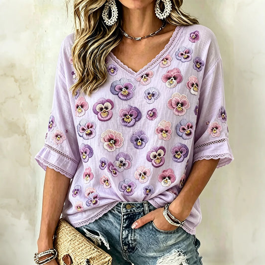 Women's Retro Pansies Embroidery Art V-neck Cotton Linen Short-sleeved T-shirt
