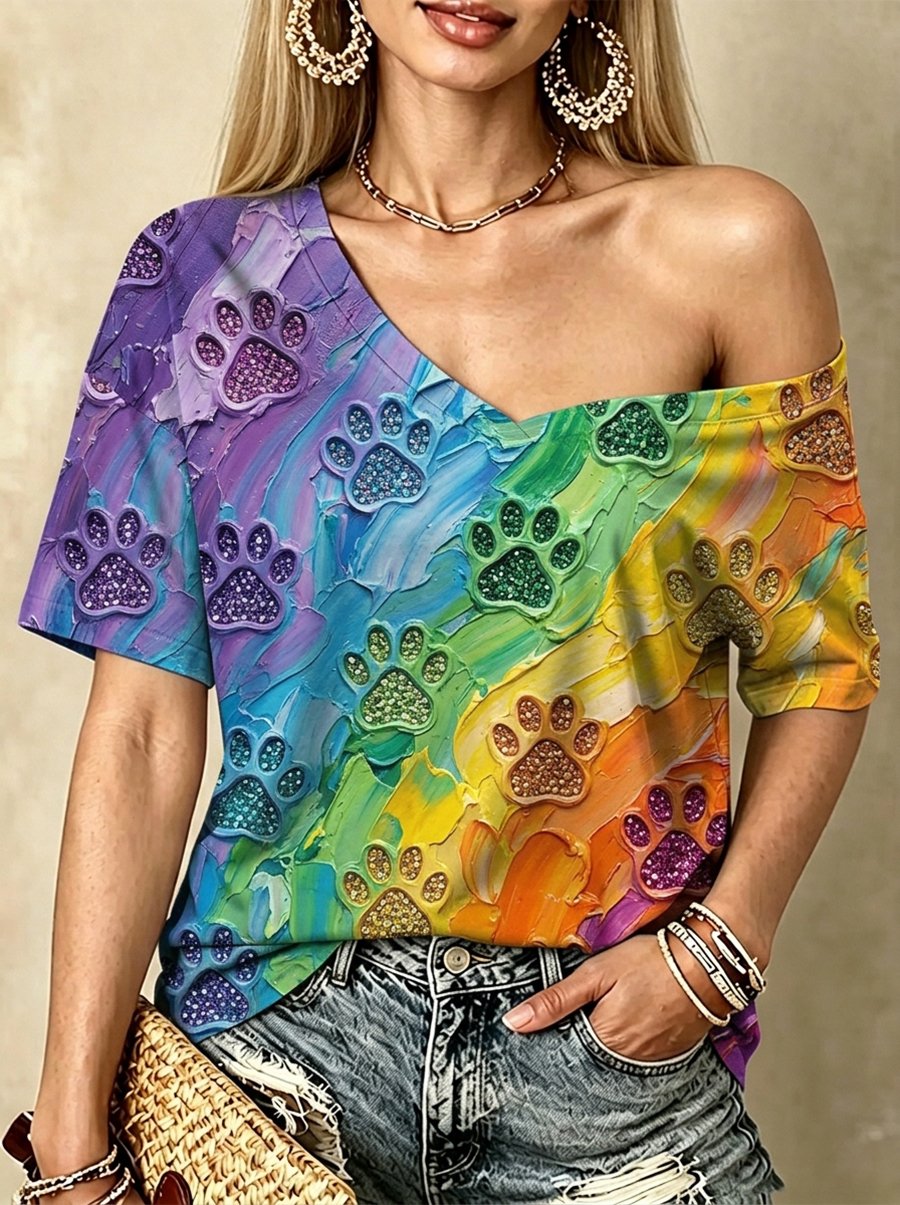 Women's Rainbow Cat Print V-Neck T-shirt