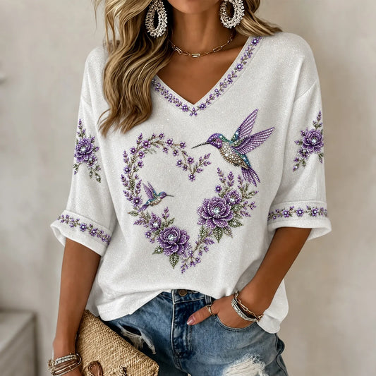 Women's Vintage Floral & Hummingbird Art Print V-neck T-shirt
