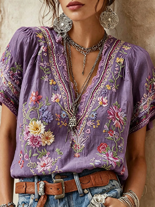Vintage Classy Gradient Purple Floral Art Linen Blend Loose Shirt