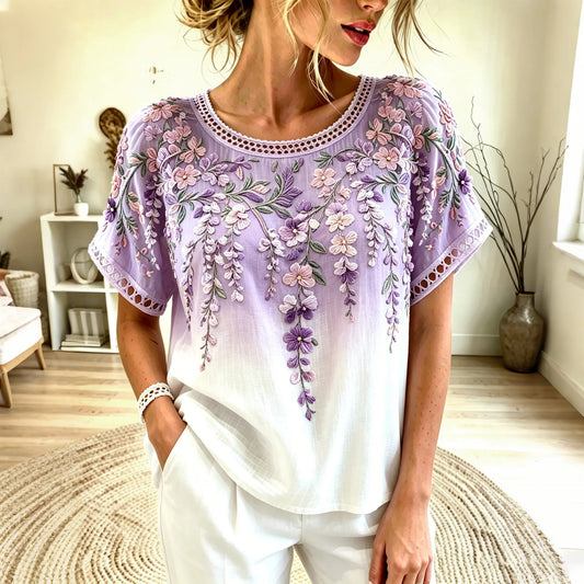 Women's Retro Wisteria Orchid Embroidery Cotton Linen Casual Round Neck T-shirt