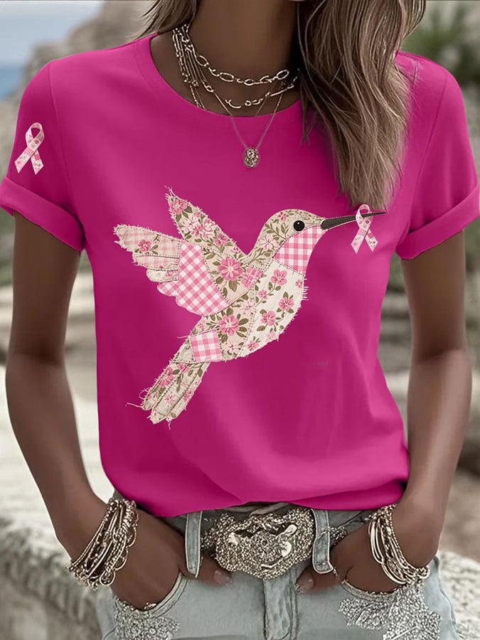 Women's Pink Hummingbird Print Round Neck T-Shirt