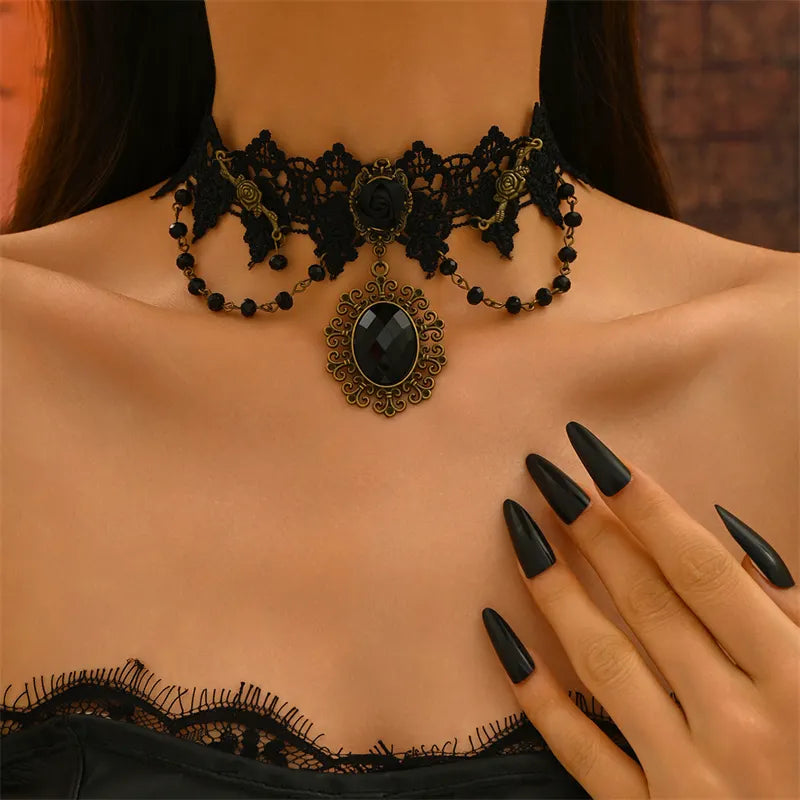 Vintage Gothic Black Rose Floral Lace Choker