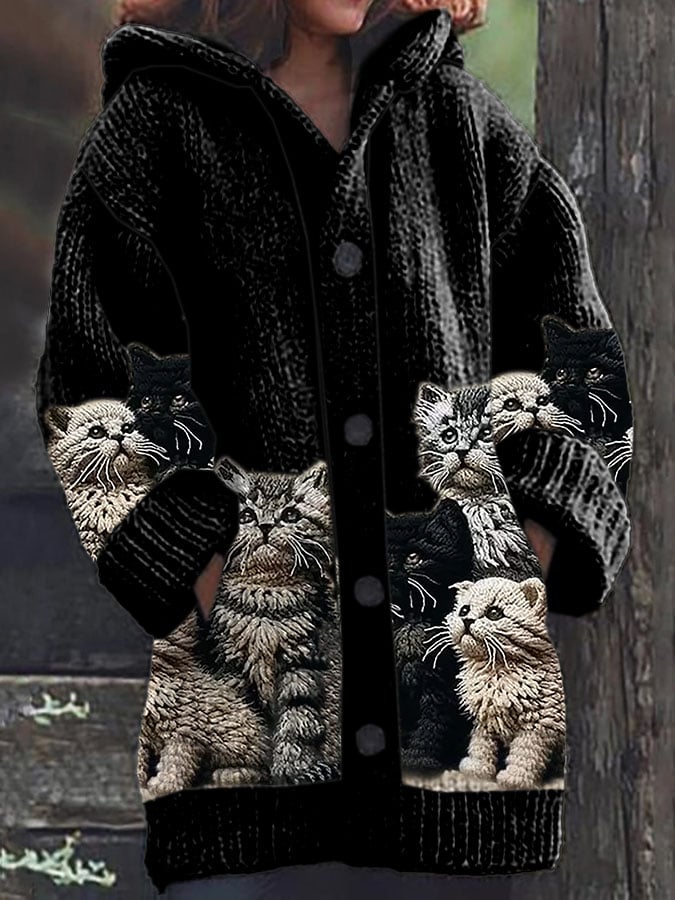 Women's Fun Animal Cat Print Hooded Cardigan