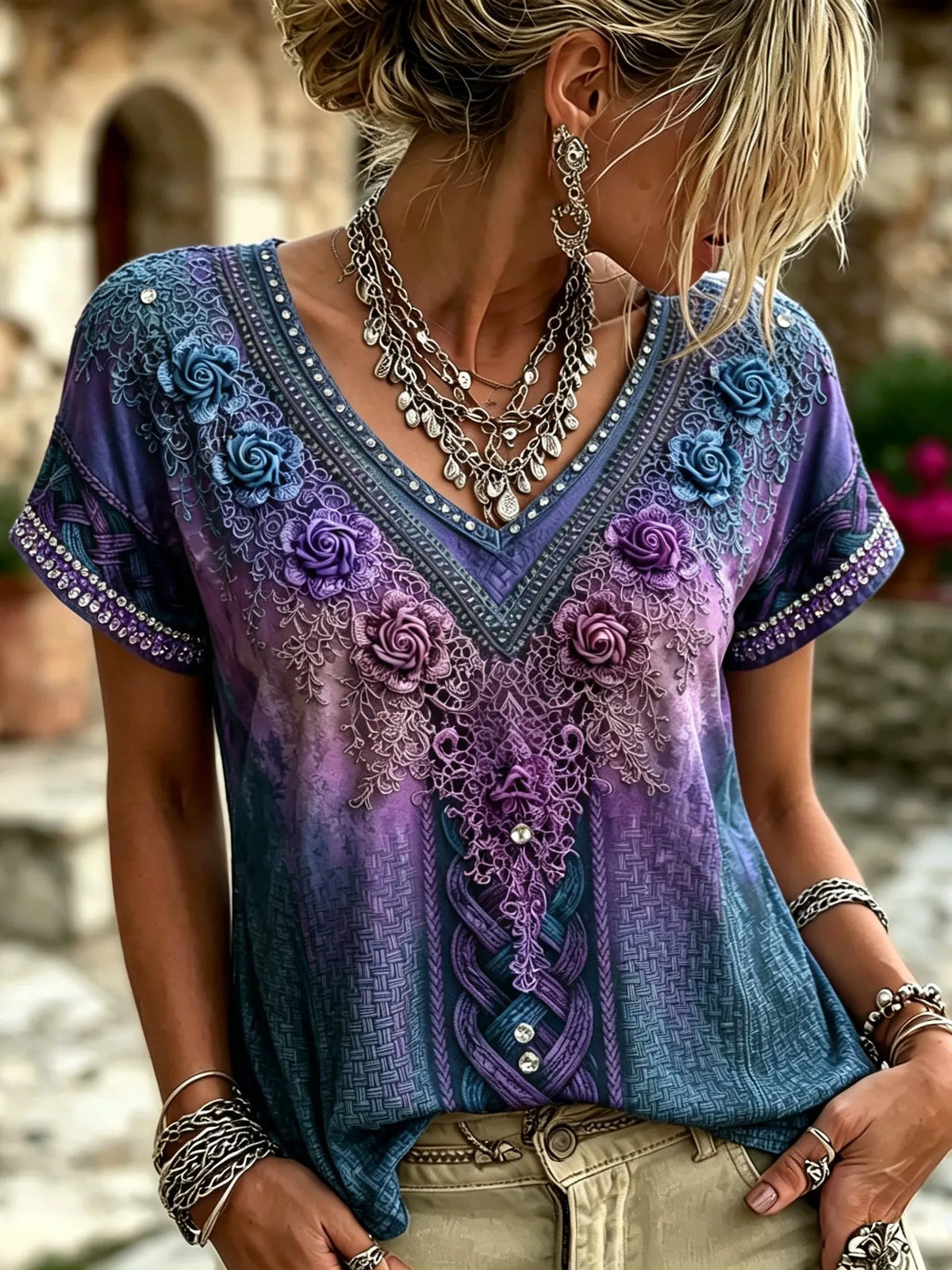 Women's Retro Bohemian Viking Style Rose Print Top