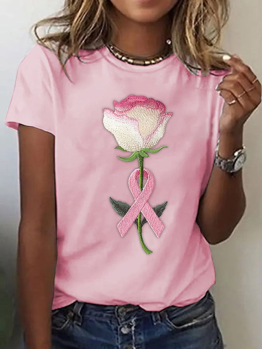 Women's Pink Embroidered Floral Print Crew Neck T-Shirt