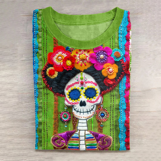 Mexican Sugar Skeleton Catrina Day Of The Dead Inspired Cotton Graphic T-Shirt