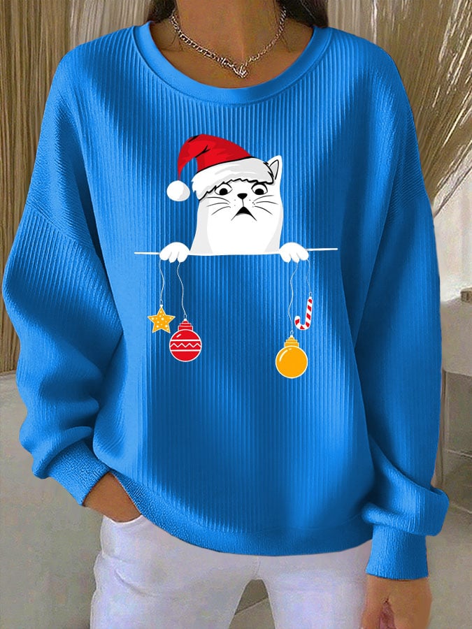 Women's Cat Print Knit Crew Neck Long Sleeve Top