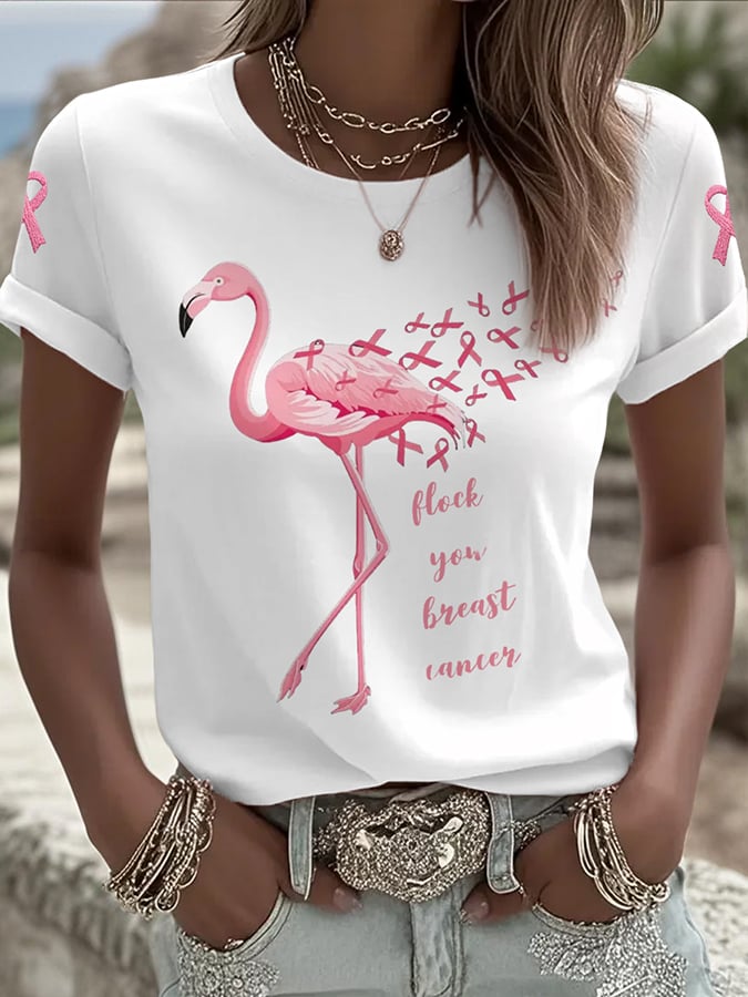 Women's Flamingo Breast Cancer Awareness Printed Round Neck T-Shirt