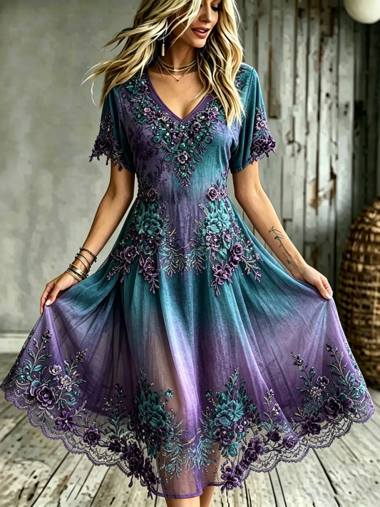 Women's Bohemian Resort Floral V-neck Cotton Linen Dress