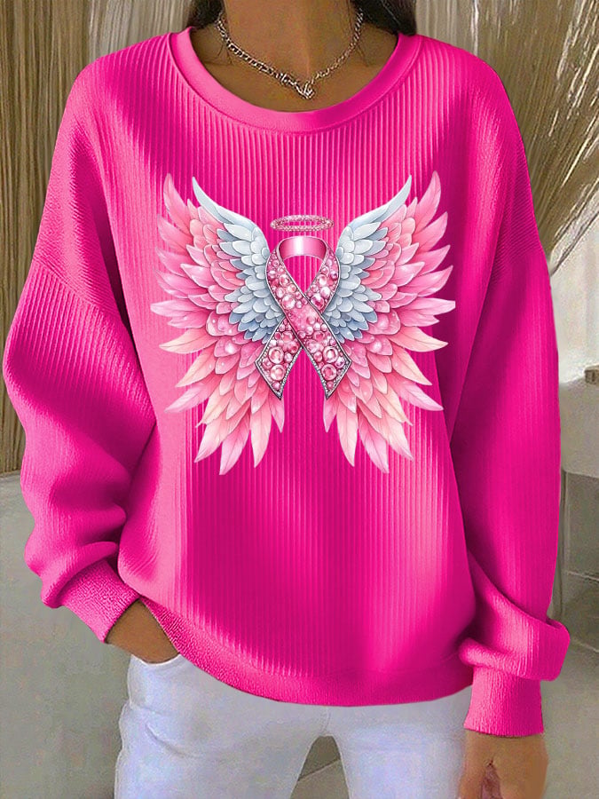 Women's Breast Cancer Awareness Print Knit Crew Neck Long Sleeve Top