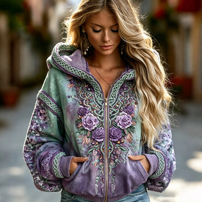 Women's Vintage Celtic Knot Floral Gradient Art Comfy Zipper Hoodie