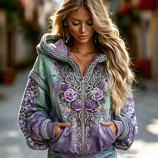 Women's Vintage Celtic Knot Floral Gradient Art Comfy Zipper Hoodie